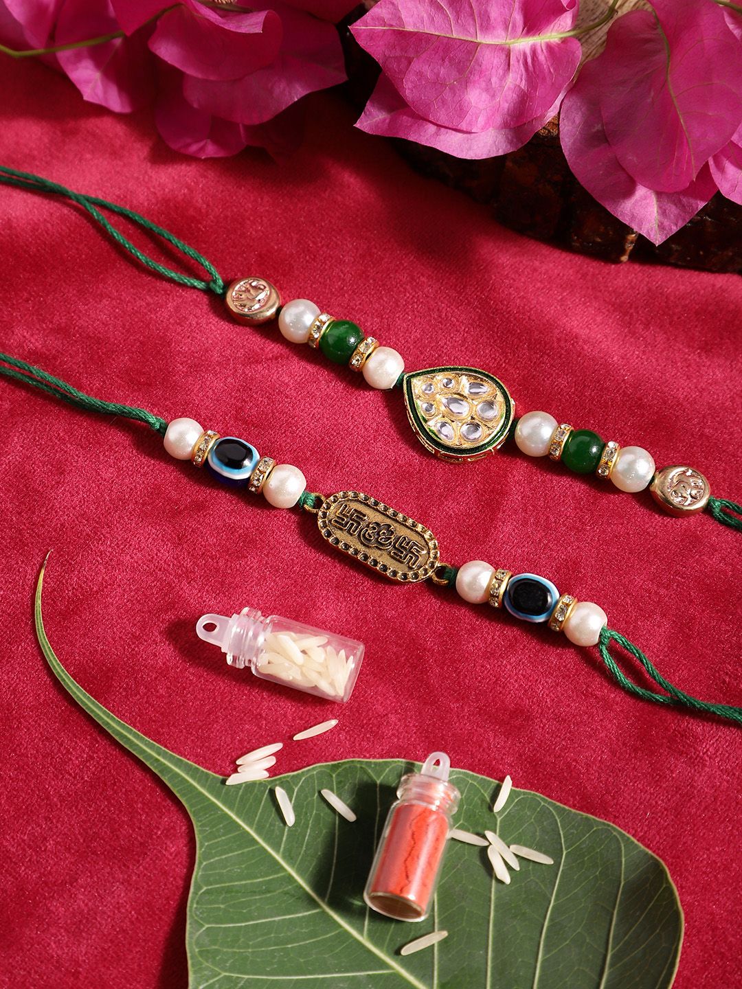 Dhiyona Unisex Set of 2 Beaded Bhai Bhabhi Rakhis With Roli & Chawal