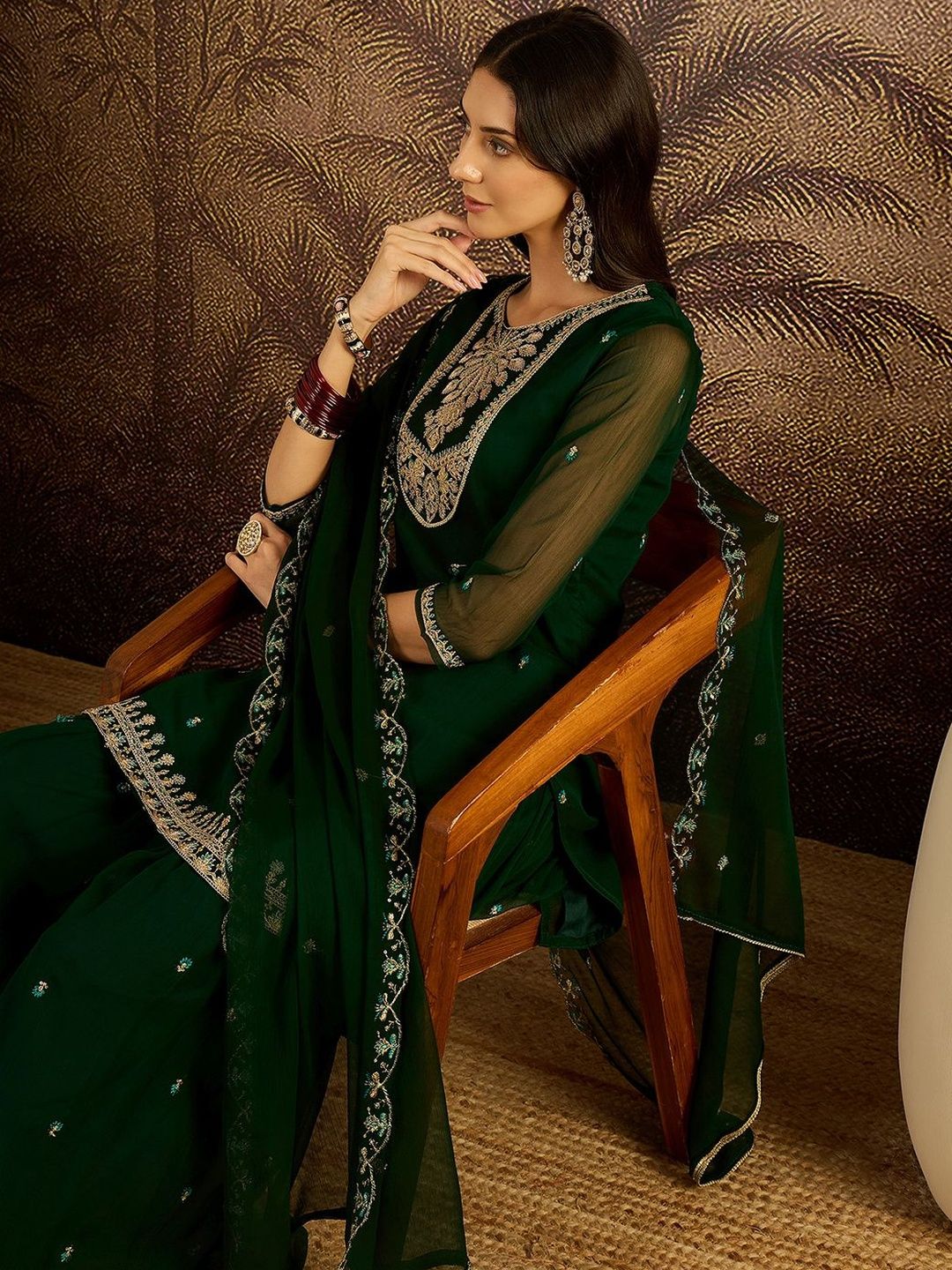 Dhiyona SN Women Ethnic Motifs Embroidered Zari Georgette Kurta with Sharara & Dupatta
