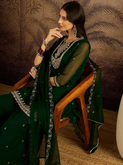 Dhiyona SN Women Ethnic Motifs Embroidered Zari Georgette Kurta with Sharara & Dupatta
