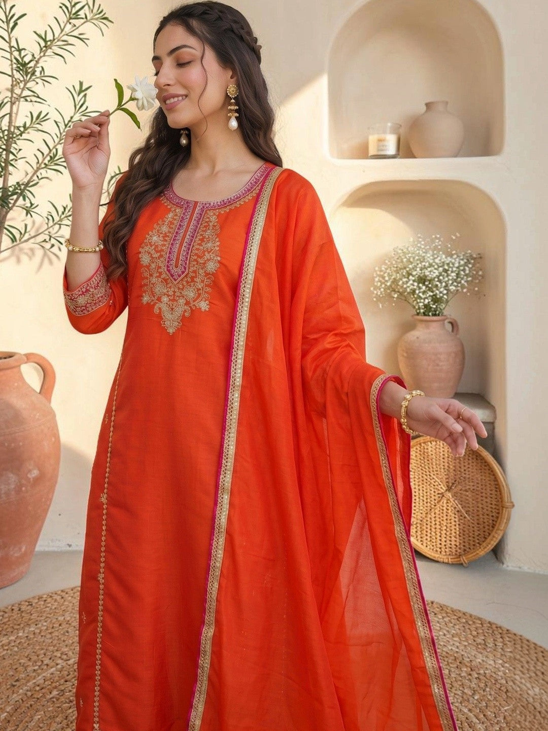 Women Ethnic Motifs Embroidered Regular Thread Work Kurta with Trousers & With Dupatta