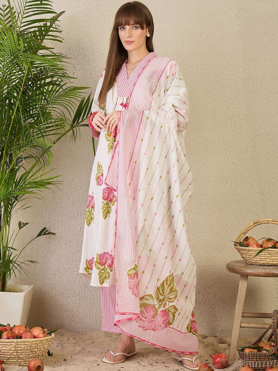 Floral Printed Pure Cotton Kurta With Trousers & Dupatta
