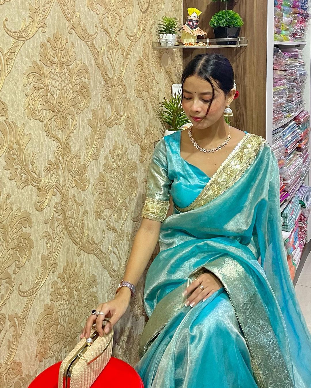 Dhiyona HH Firozi Blue Designer Tissue Silk Saree with Hand Zardozi Work