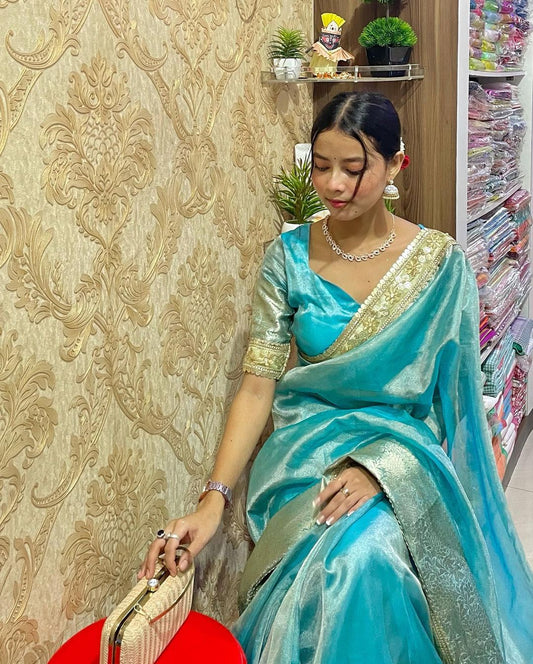 Dhiyona HH Firozi Blue Designer Tissue Silk Saree with Hand Zardozi Work