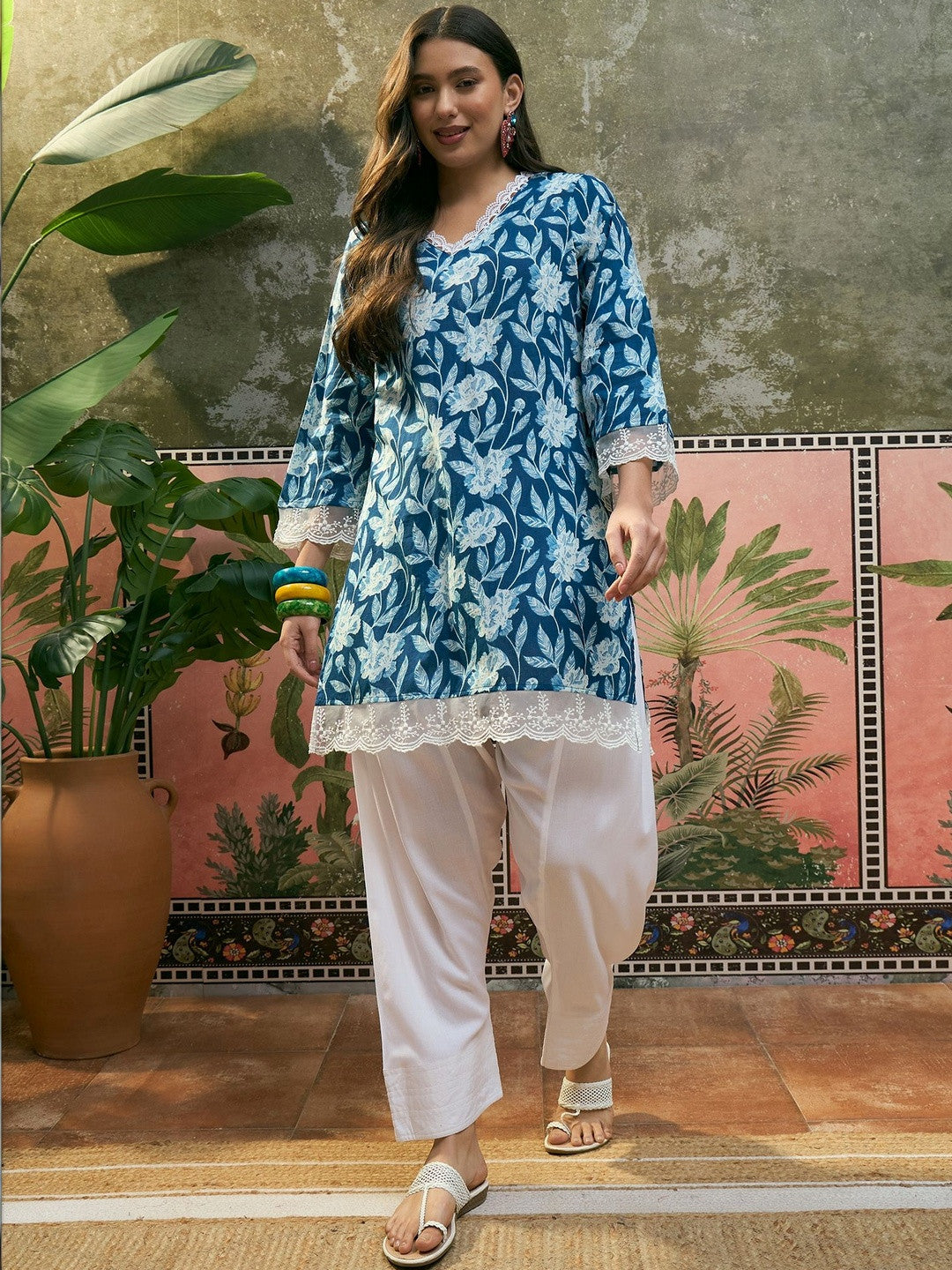 Printed Pure Cotton V-Neck Kurti & Salwar