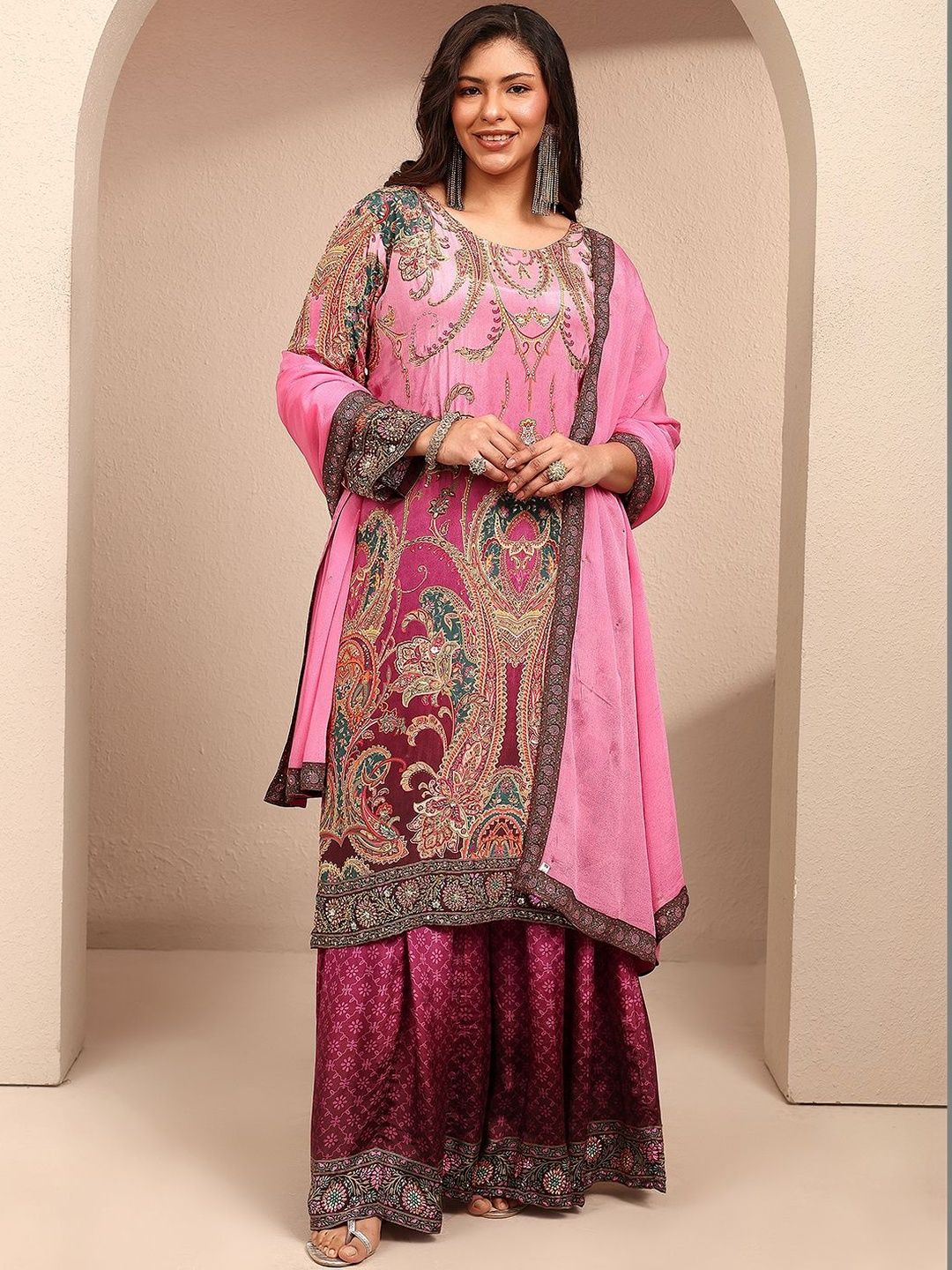 Dhiyona Women's Ethnic Motifs Printed Regular Thread Work Silk Crepe Kurta with Palazzos & With