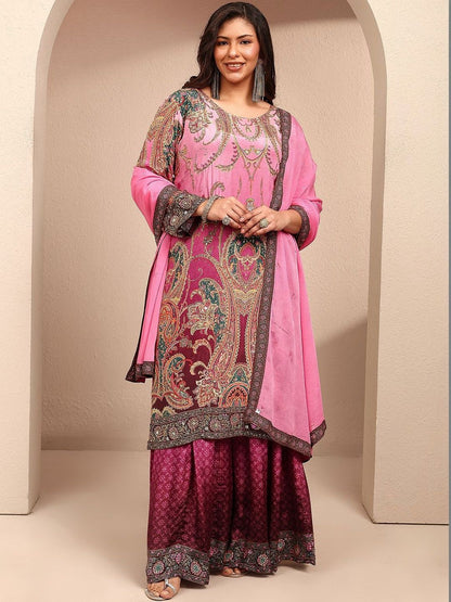 Dhiyona Women's Ethnic Motifs Printed Regular Thread Work Silk Crepe Kurta with Palazzos & With