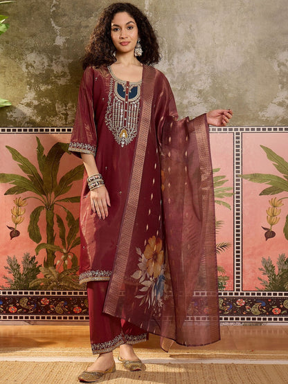 Embroidered Cotton Blend Round Neck Straight Kurta & Trousers With Dupatta
