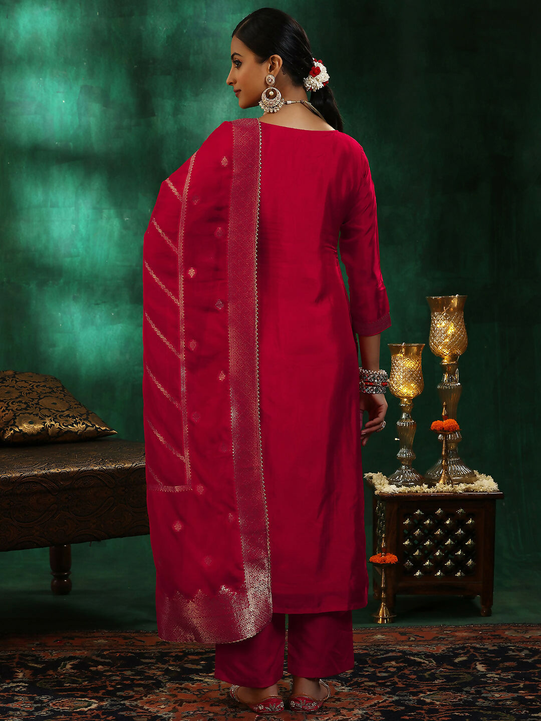 Women's LB Red Woven Design Silk Blend Straight Suit With Dupatta