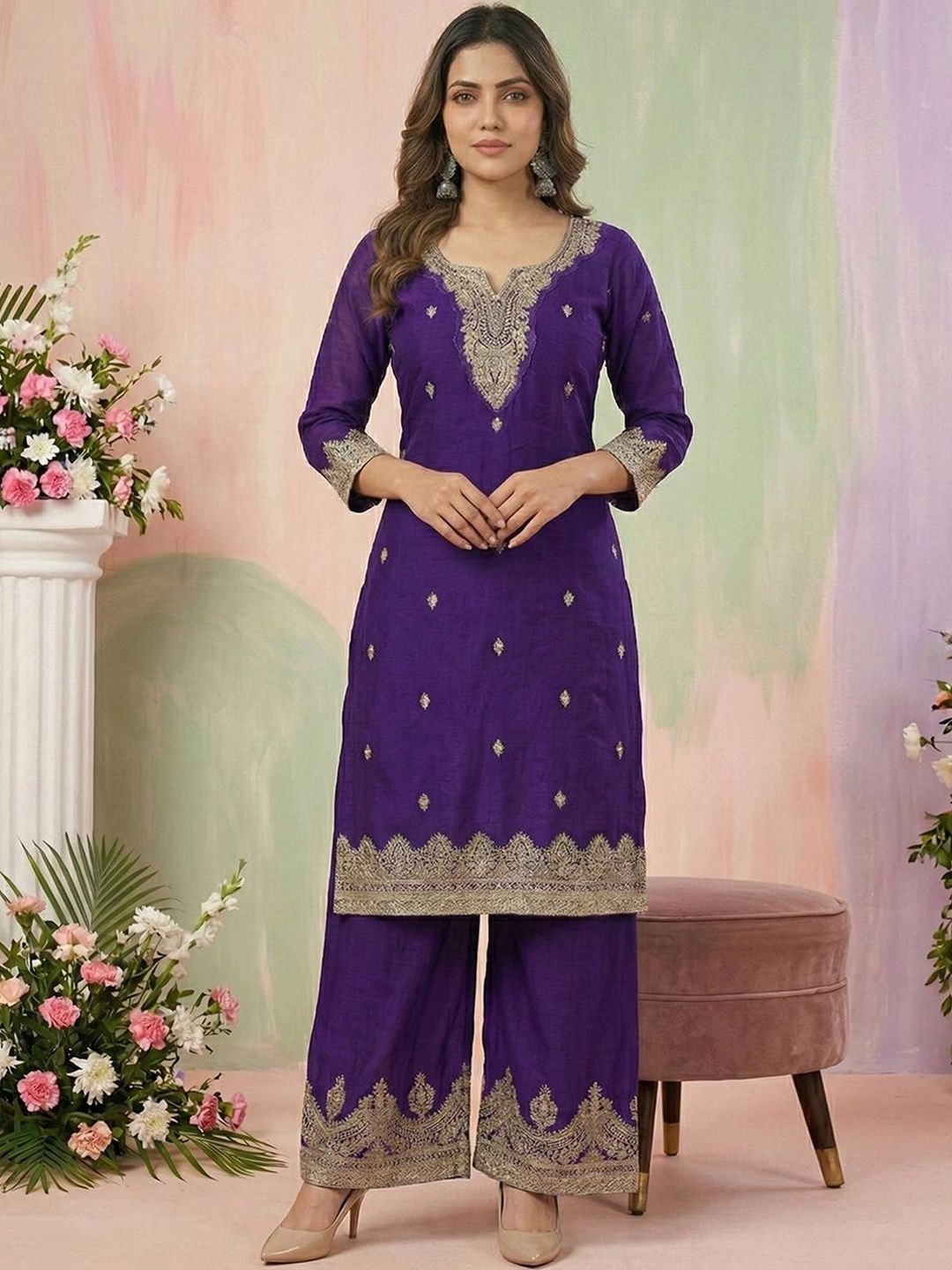 Dhiyona CH Women Floral Embroidered Regular Sequinned Kurta with Palazzos & With Dupatta