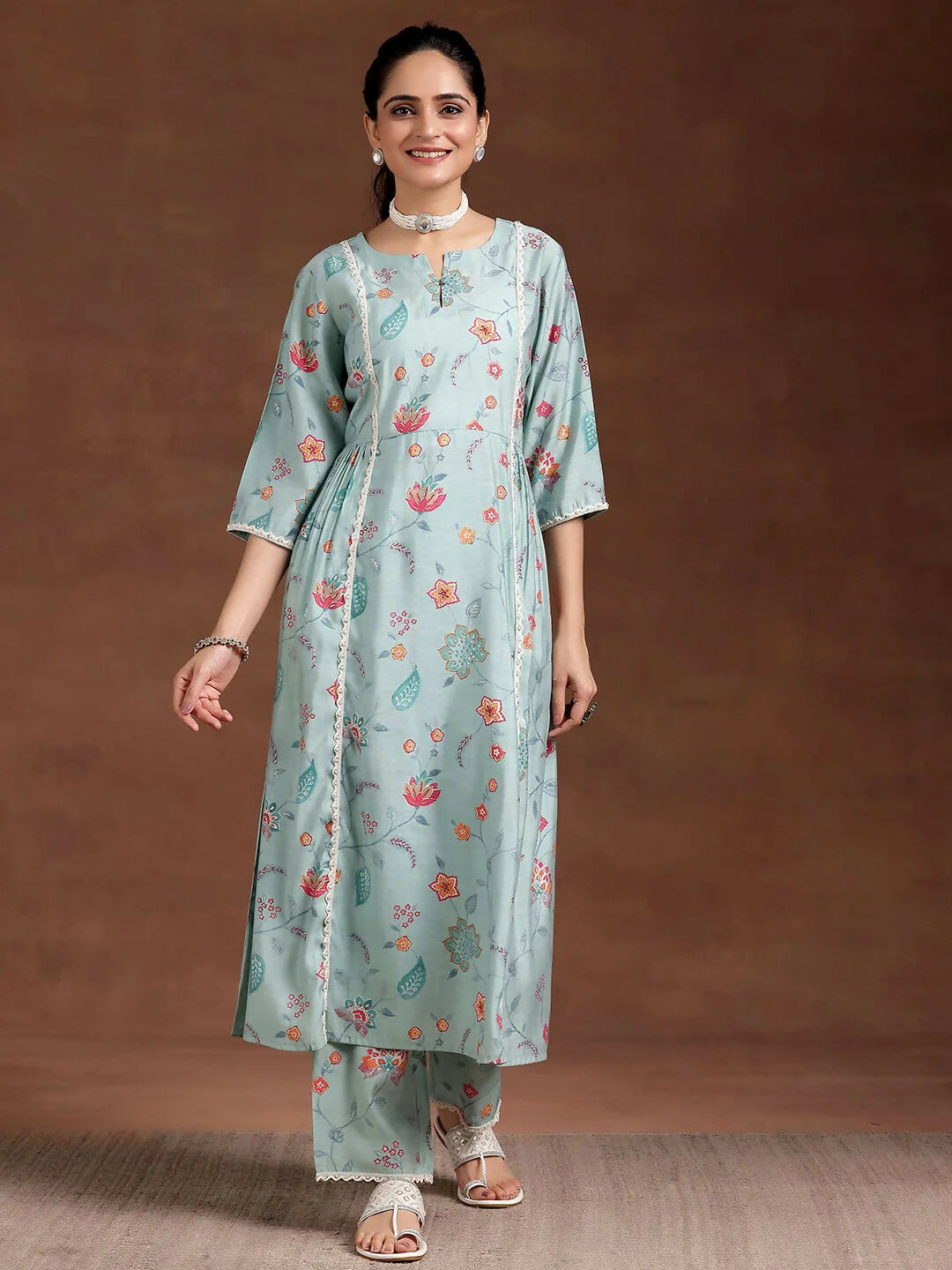 Women's LB Blue Printed Silk Blend A-Line Kurta With Trousers