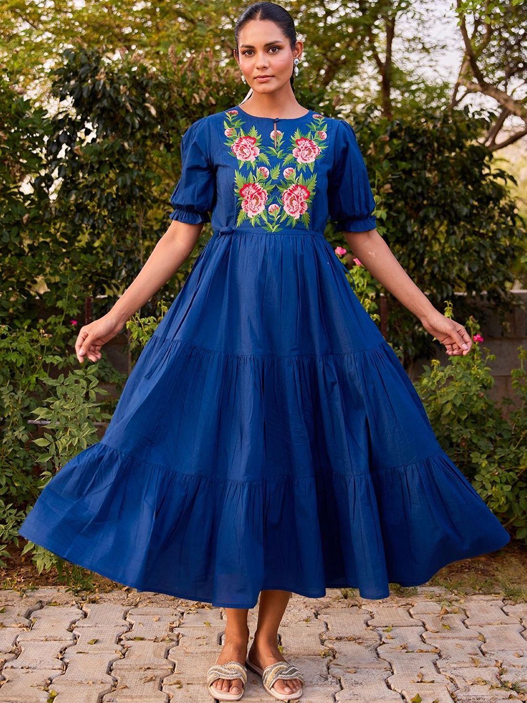 Dhiyona AY Women's Embroidered Round Neck Fit and Flare Ethnic Dresses
