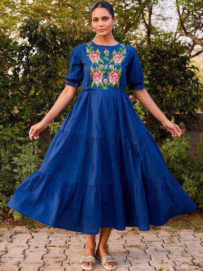Dhiyona AY Women's Embroidered Round Neck Fit and Flare Ethnic Dresses