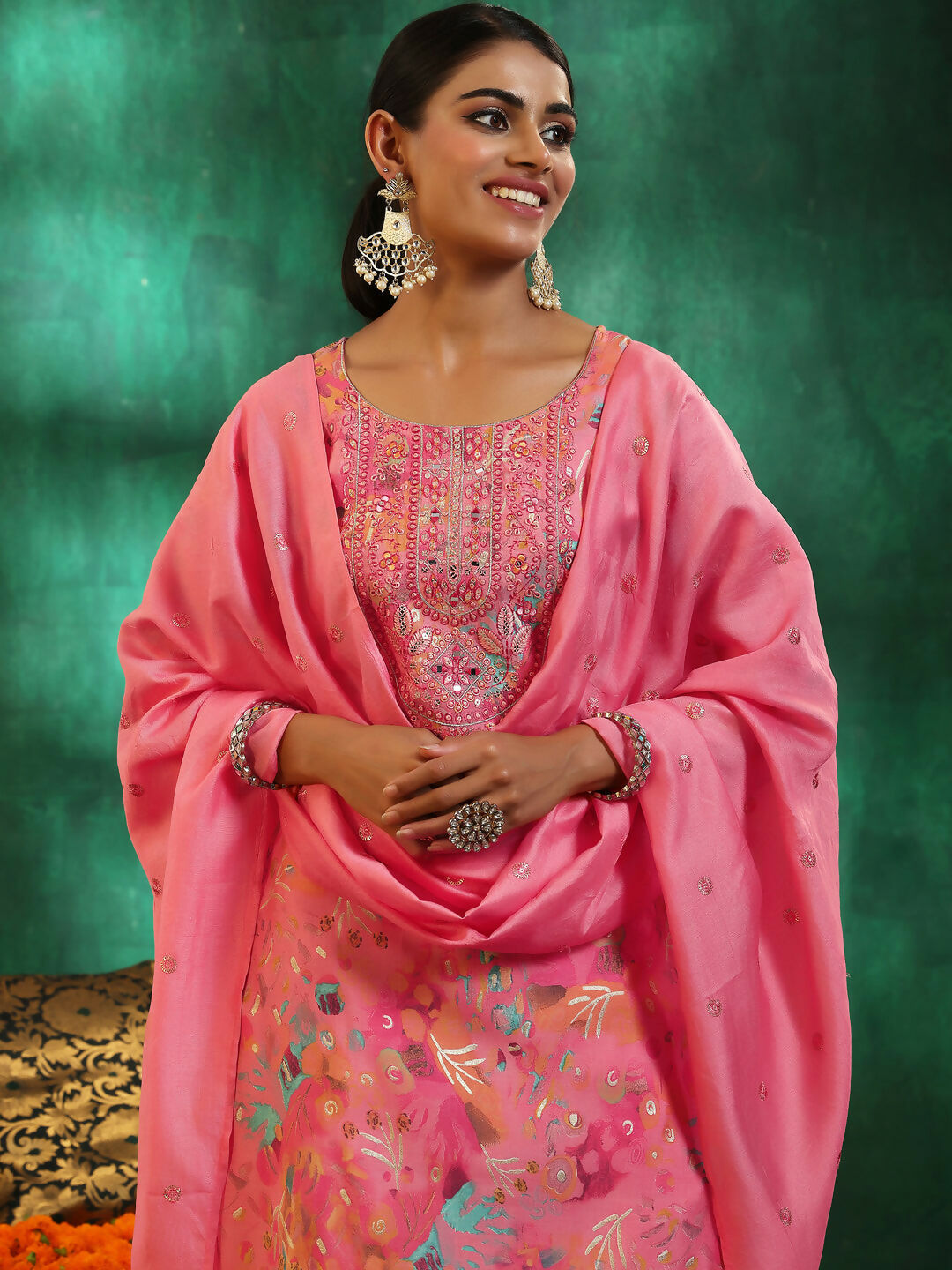 Women's LB Pink Printed Silk blend Straight Suit With Dupatta