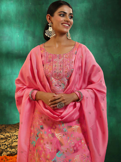 Women's LB Pink Printed Silk blend Straight Suit With Dupatta