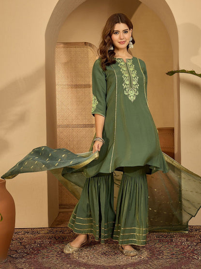 Women Olive Embroidered Kurta Sets With Dupatta