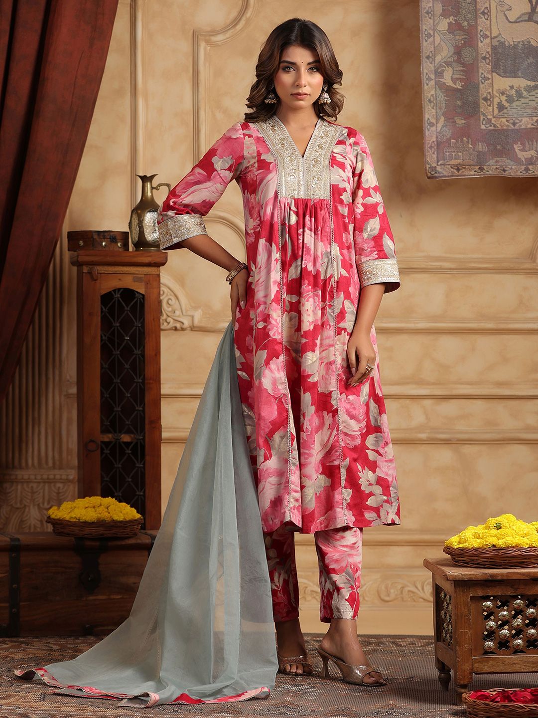 Dhiyona RR Women's Floral Printed Sequinned Pure Cotton Anarkali Kurta with Trousers & Dupatta