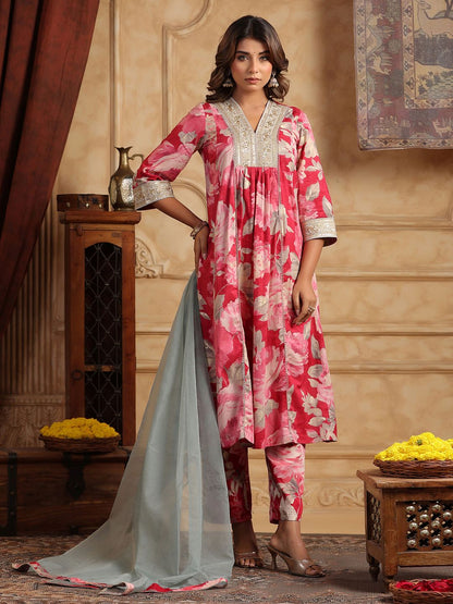 Dhiyona RR Women's Floral Printed Sequinned Pure Cotton Anarkali Kurta with Trousers & Dupatta