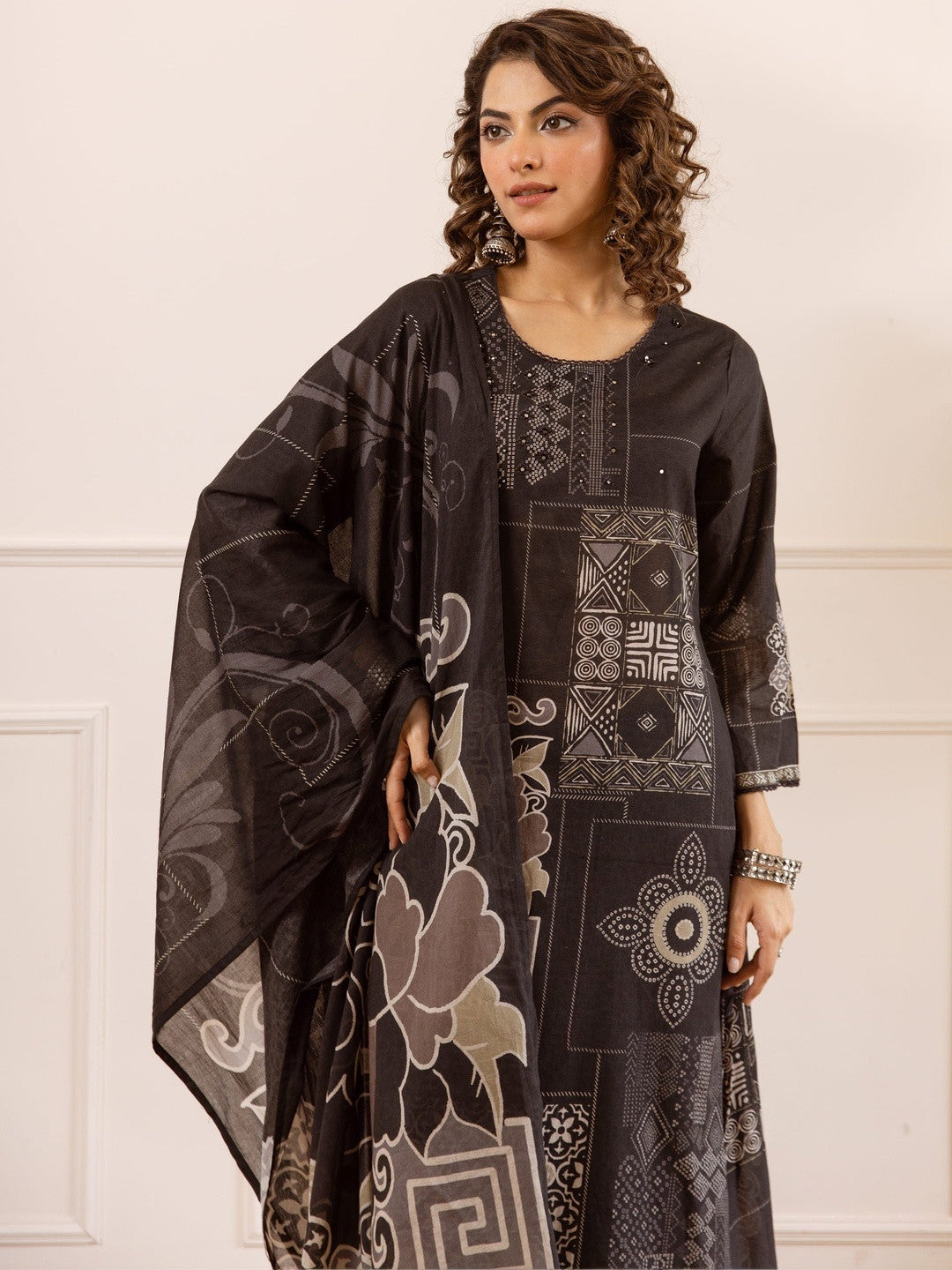 Printed Cotton Round Neck Kurta & Palazzos With Dupatta Kurta Set