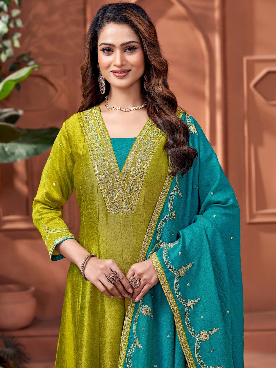 Embroidered V-Neck Kurta & Trousers With Dupatta