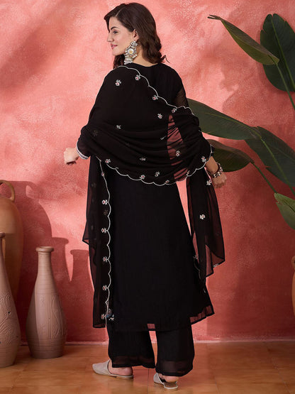 Ethnic Motifs Embroidered V-Neck Straight Kurta With Trouser And Dupatta