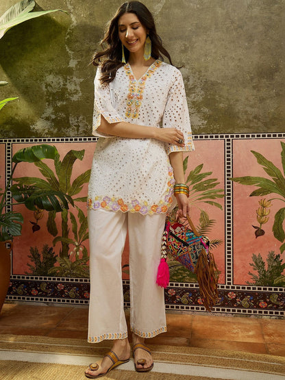 Embroidered Pure Cotton V-Neck Kurti & Trousers