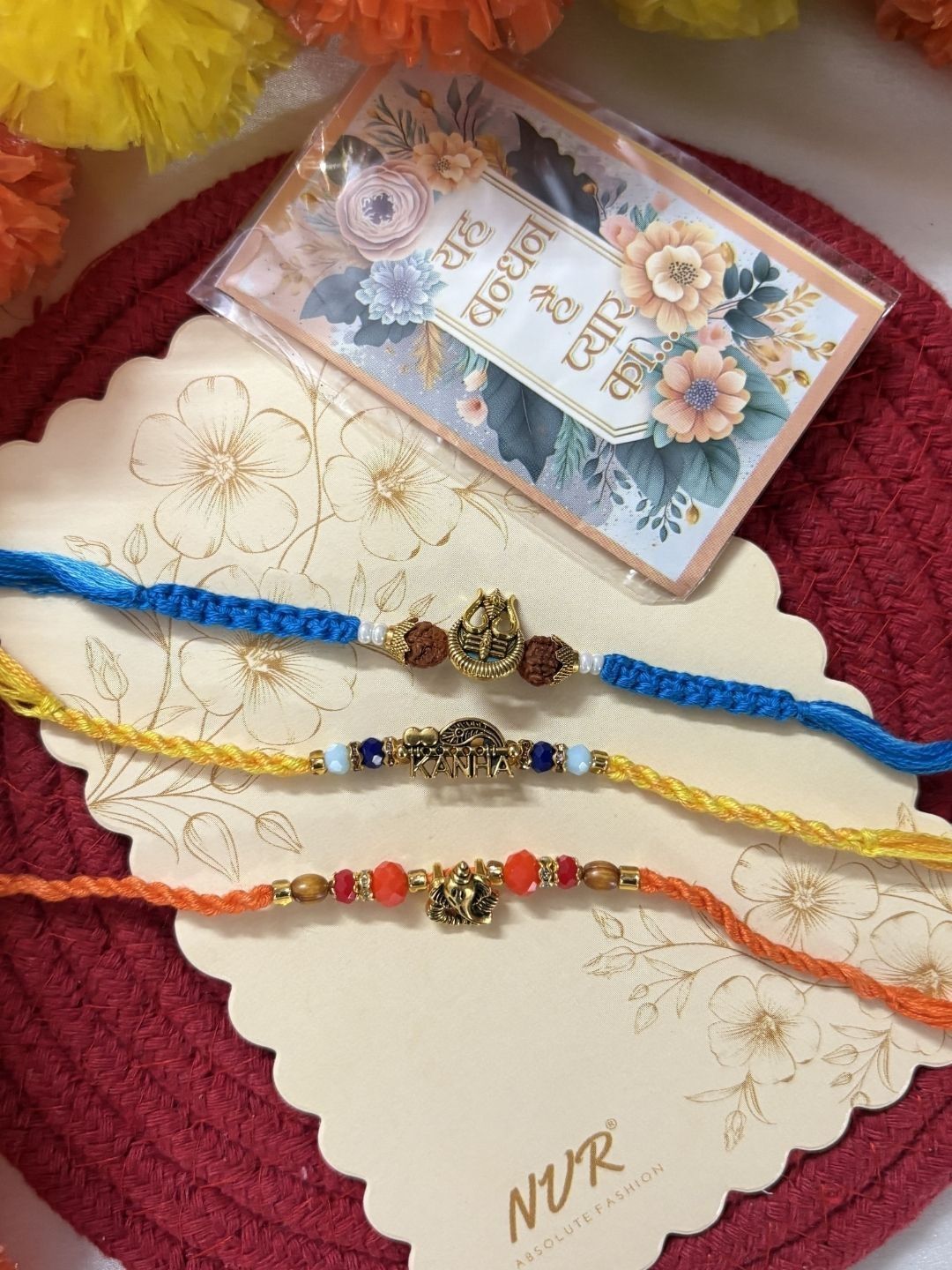 Dhiyona Set Of 3 Rudraksh Religious Rakhi Thread Rakhi Roli Chawal Chandan Mishri