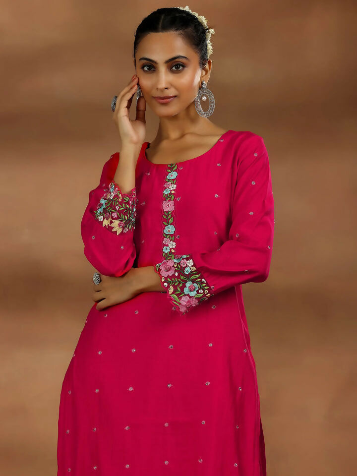 Women's LB Red Embroidered Silk Blend Straight Suit With Dupatta