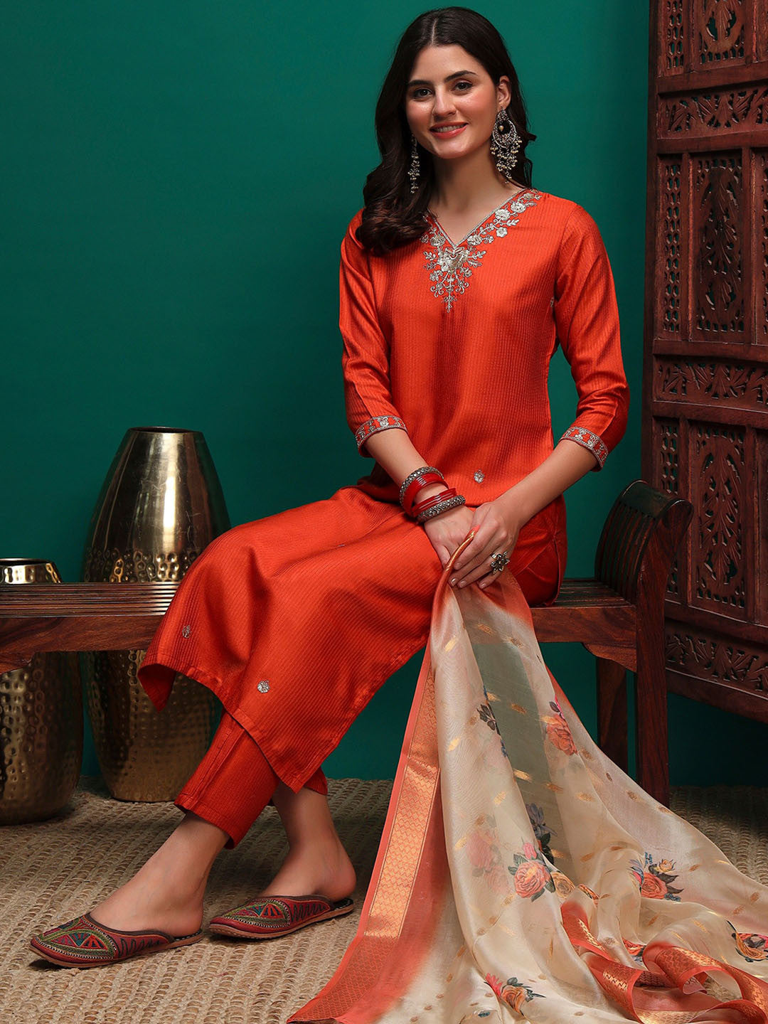 Sequin Embroidered Straight Kurta & Trousers With Dupatta