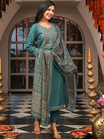 Dhiyona KL Ethnic Motifs Printed Notch Neck Straight Kurta With Trousers & Dupatta