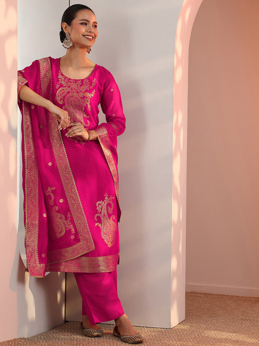 Paisley Woven Design Zari Round Neck Straight Kurta With Trousers & Dupatta