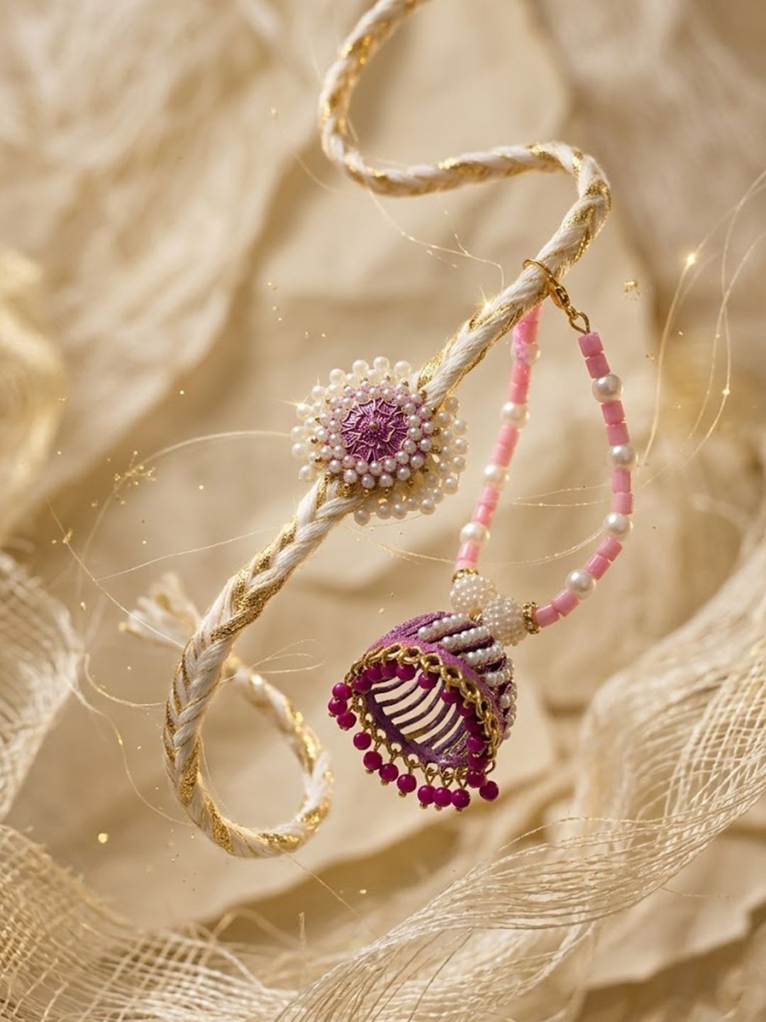 Dhiyona Set Of 2 Floral Perals Jhumka Design Bhaiya Bhabhi Rakhi With Roli Chawal Chandan