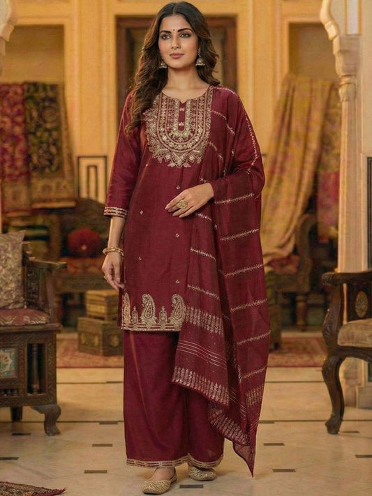 Dhiyona SN Embroidered Round Neck Kurta Trousers & Dupatta