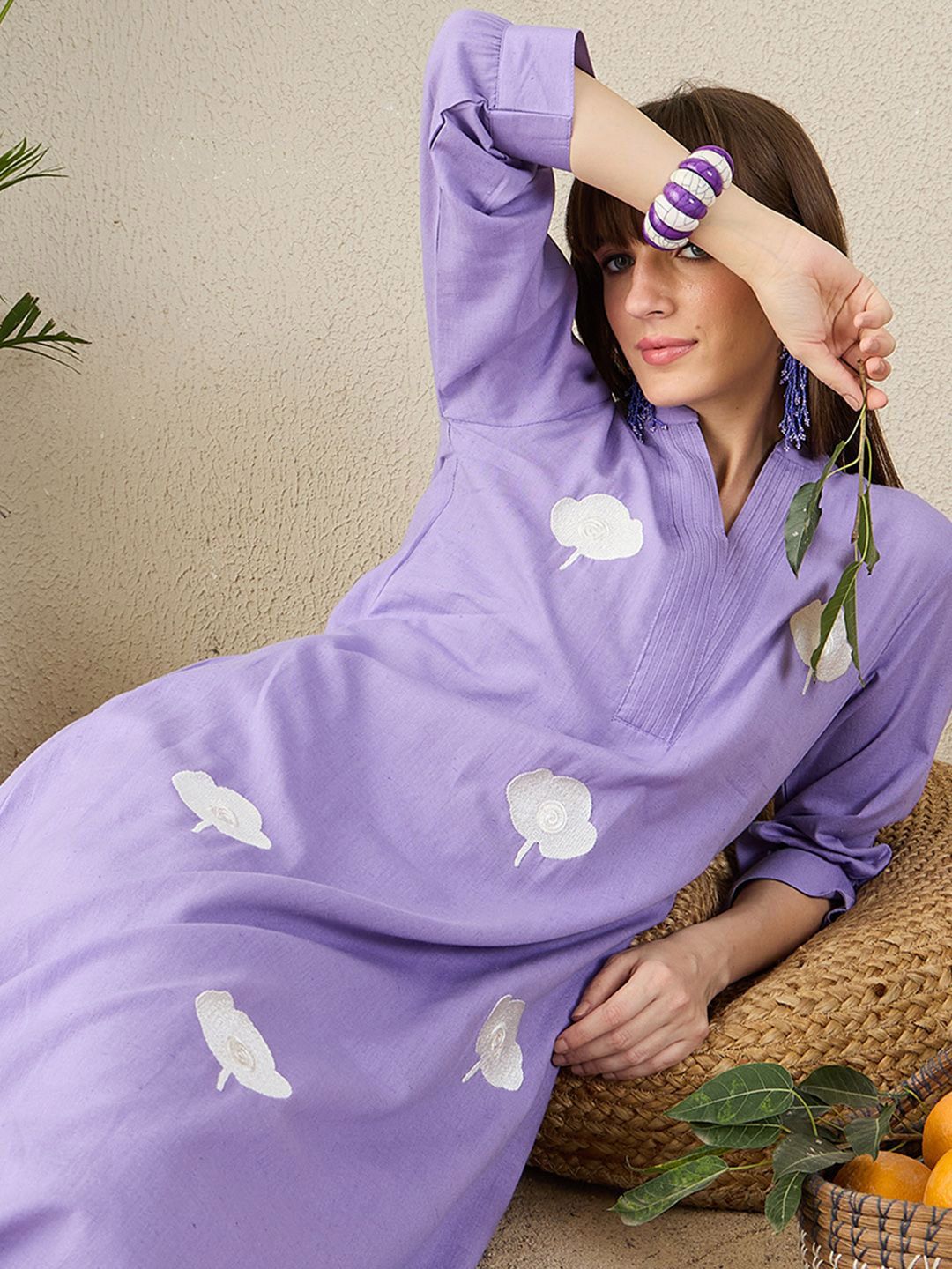 Dhiyona IE Floral Embroidered Mandarin Collar A-Line Tunic With Palazzos Co-Ords