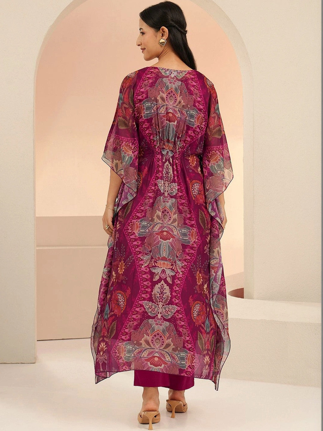 Burgundy Floral Printed 3 Piece Chiffon Kaftan Kurta Set