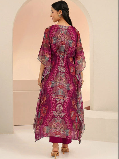 Burgundy Floral Printed 3 Piece Chiffon Kaftan Kurta Set
