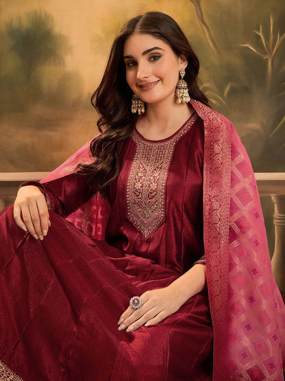 Zari & Sequin Embroidered A-Line Kurta & Trousers With Dupatta
