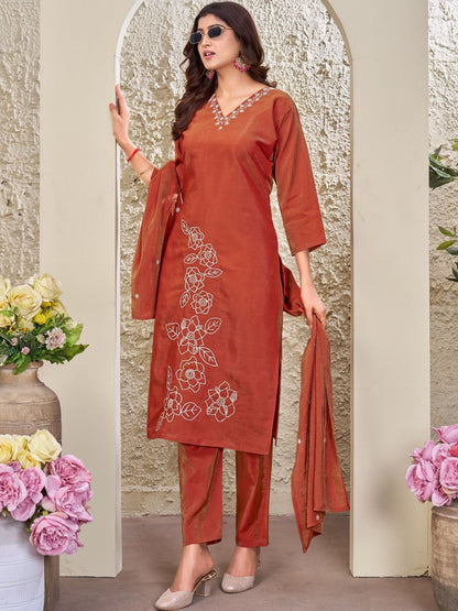 Embroidered V-Neck Kurti & Trousers With Dupatta
