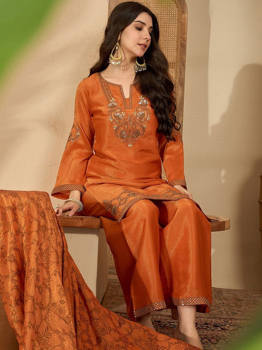 Dhiyona SN Zari Sequence Embroidered Kurta With Palazzo & Dupatta
