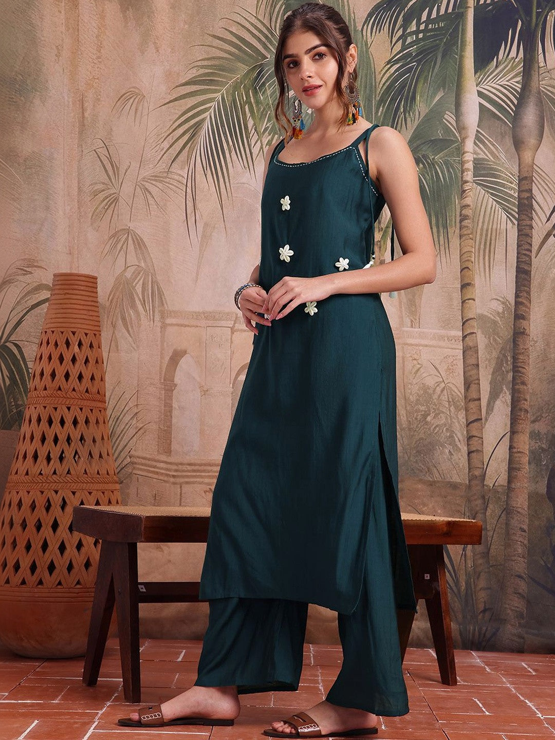 Embroidered Silk Scoop Neck Kurta & Palazzos