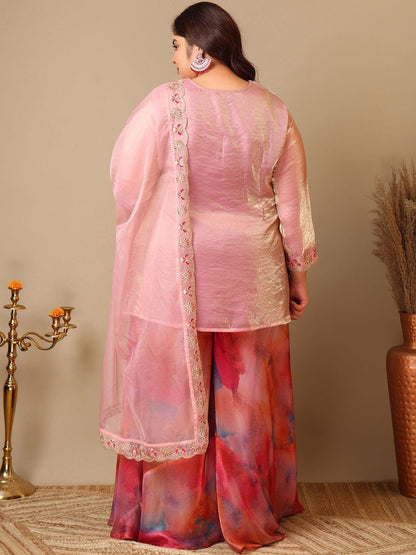 Dhiyona IN Plus Size Women Zari Thread Embroidered Crushed Organza Kurta Set with Dupatta