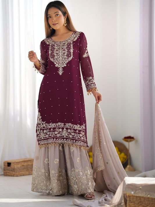 Dhiyona KL Women Ethnic Motifs Embroidered Regular Beads and Stones Kurta with Sharara & With Dupatta