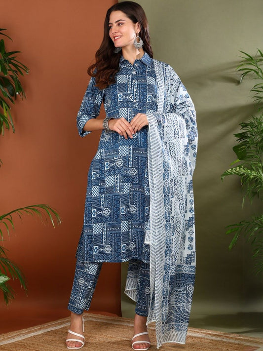 Dhiyona KL Women Ethnic Motifs Printed Regular Pure Cotton Kurta with Trousers & With Dupatta