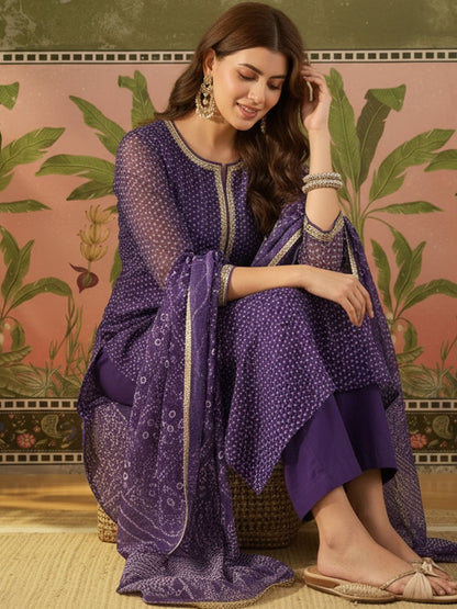 Printed Round Neck Kurta & Trousers With Dupatta