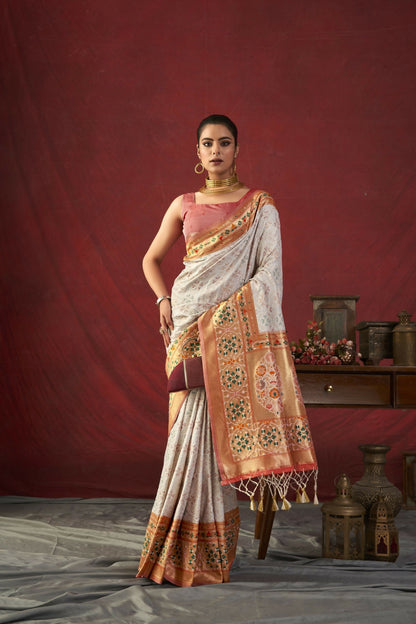 Women Paithani Bansi White Saree With Unstiched Blouse