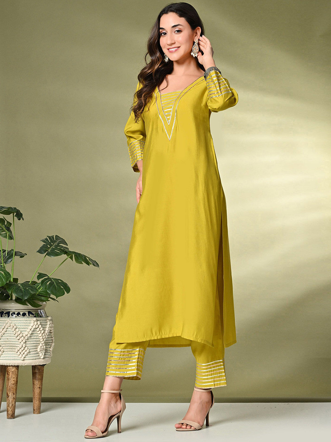 Lime Green Gotta Patti A-Line Kurta With Palazzo
