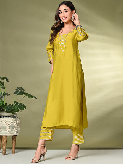 Lime Green Gotta Patti A-Line Kurta With Palazzo