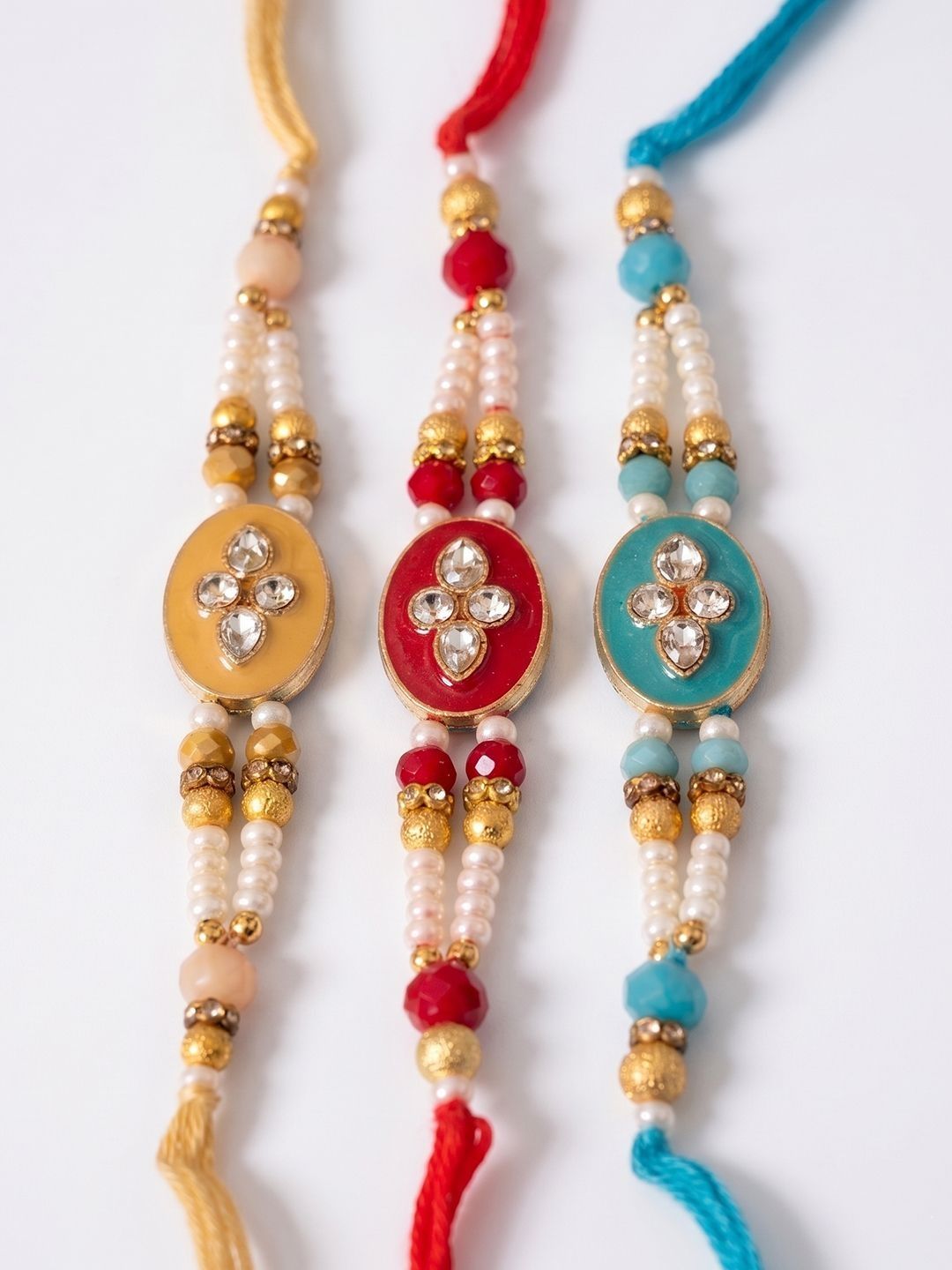 Dhiyona Set Of 3 Multicolor Artificial Beads & White Pearls Thread Rakhi With Roli Chawal