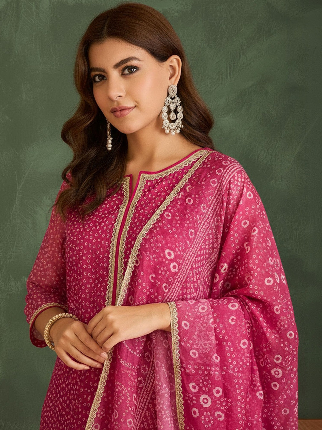 Printed Round Neck Kurta & Trousers With Dupatta