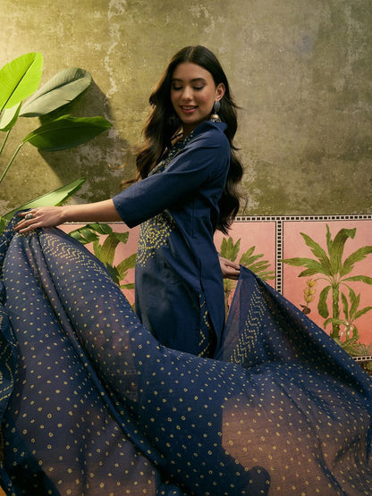 Printed Pure Cotton Round Neck Kurta & Trousers With Dupatta