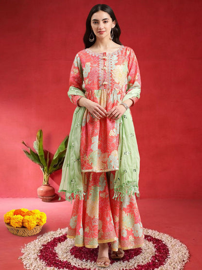 Dhiyona VA Women Floral Printed Empire Mirror Work Kurta With Sharara & Dupatta